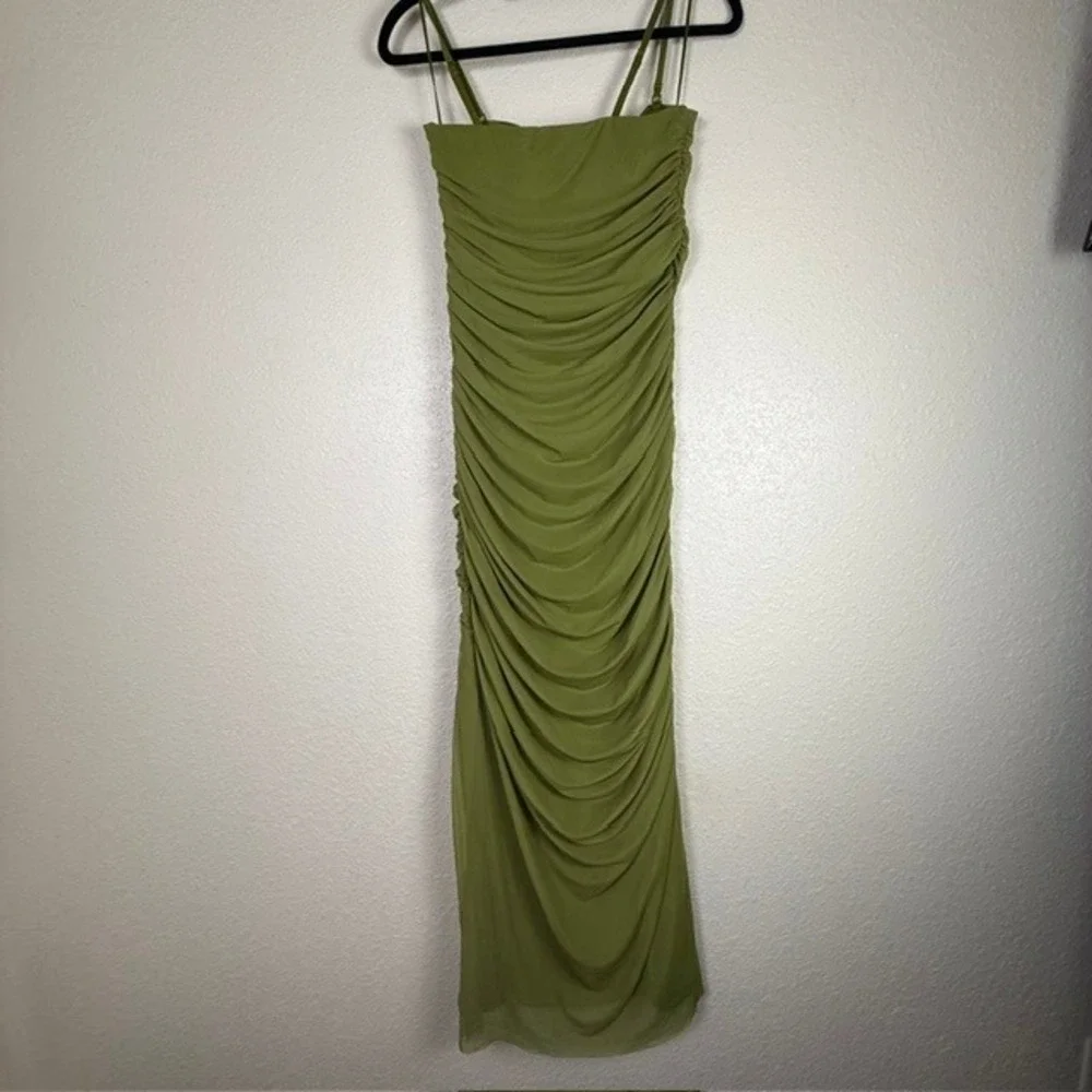 Abercrombie & Fitch Ruched Mesh Maxi Dress Avocado Green Medium Tall